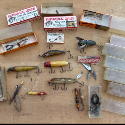 Sale Photo Thumbnail #209: Vintage fishing lures and tackle boxes