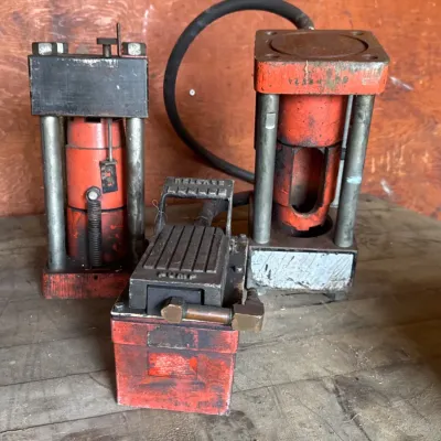 Sale Photo Thumbnail #19: Set of vintage hydraulic presses and foot pump assembly,