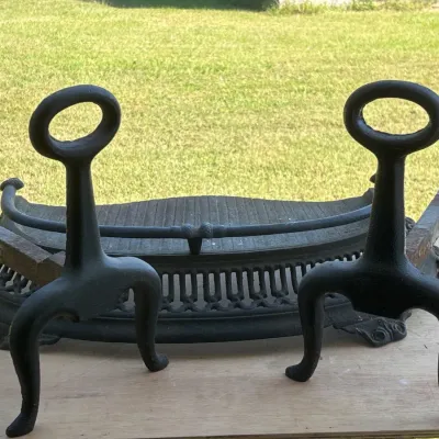 Sale Photo Thumbnail #110: Cast Iron Andirons and Fireplace Grate