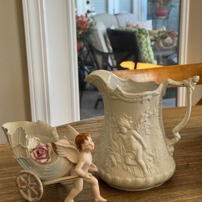 Portmeirion Parian water pitcher England, Vintage Orleans Japan cherub with wagon