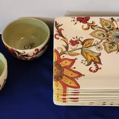 Pier 1 Imports "Carynthum" Earthenware Dishes - 8 Square Dinner Plates & 2 Soup/Cereal Bowls