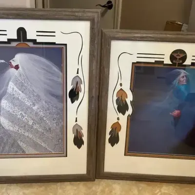 Pair Frank Howell Native American Art - "Fruit From The Light", "White Hummingbird", Cut Out Matted