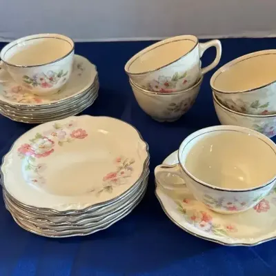 Homer Laughlin Virginia Rose Tea Time Set - 6 Cups, Saucers, Small Plates