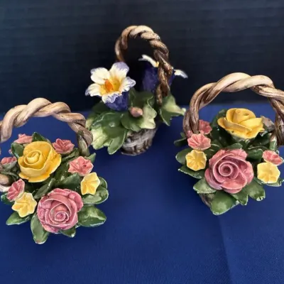 3 Vintage Capodimonte Miniature Flower Baskets - Porcelain, Italy, Roses, Iris