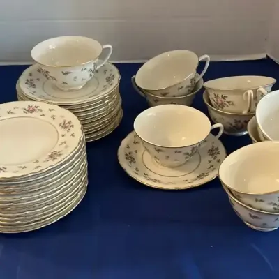 Tea Time Princess Emcraft USA Briar Rose - 12 Small Plates, 12 Saucers & 10 Cups, Pink & Green 