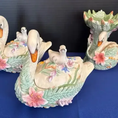 Vintage Fitz and Floyd Floral Swan - 2 Tureens & Pillar Candle Holder