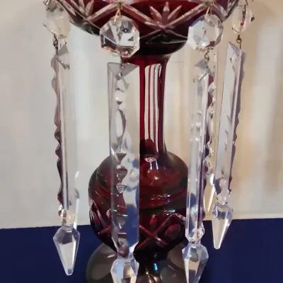 12" Bohemian Ruby Cut To Clear Mantle Luster - Hanging Prisms (Missing 2), Red Glass