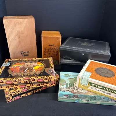 Cigar Boxes - Tusker, Antonio y Cleopatra, Mark IV Magnates, JAD, Cuervo Tequila