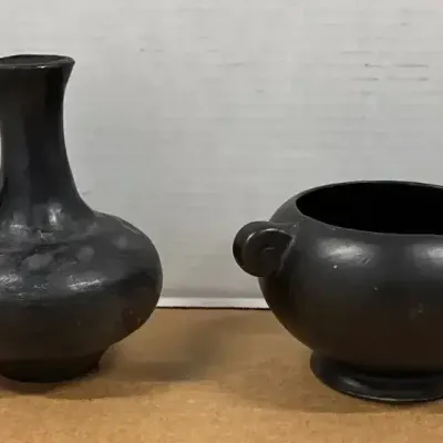 Black Ceramic Pottery - Pitcher Vase With Loop Handle, Small Bowl With 2 Handles