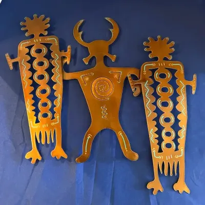 Petroglyph Metal Wall Art - 3 Figures, Copper Patina w/ Teal Accents, Southwest