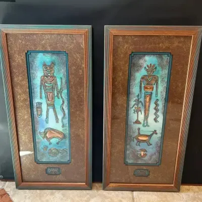 Pair Cleo Teissedre Native American Art - Matted, COA,  Kachina or Yei Figures, Petroglyphs