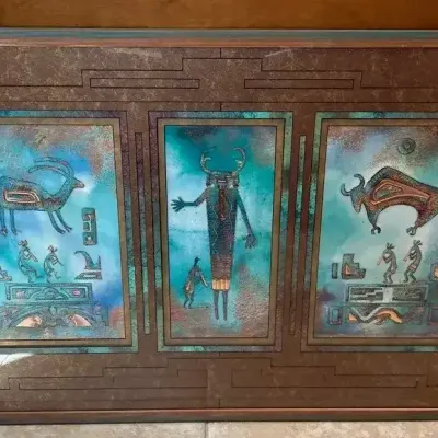 Cleo Teissedre Southwest Native American Art - Triptych Teal Panels, Petroglyph, Deer, Bull, COA