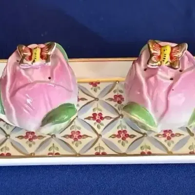 Porcelain Collectibles - Limoges Tray + Tulip Salt & Pepper Shaker Set