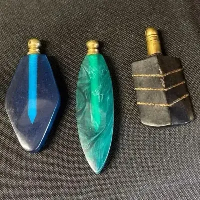 5 VTG Perfume Bottle Pendants - Vial Charms, Brass Screw Tops, Dauber