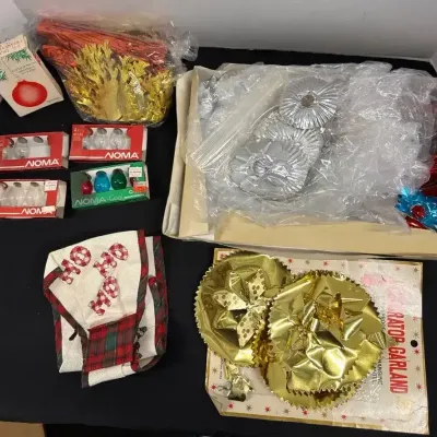 VTG Christmas Decor - Gold Garland, Foil Ornaments, Ornament Hangars, Noma Lightbulbs, Door Hangar