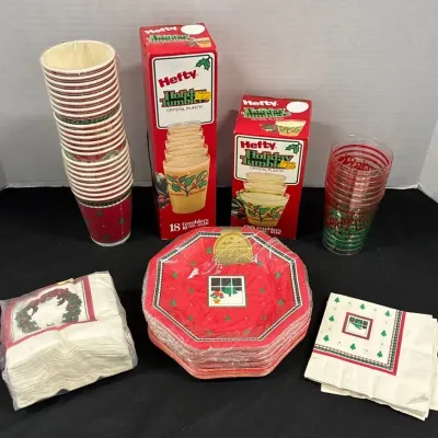 Vintage Christmas Paper & Plastic Cups & Plates - Hallmark, Mobil Chemical Company, Beach