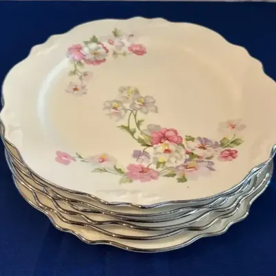 6 Homer Laughlin Virgina Rose Dinner Plates - Silver Scallop Rim