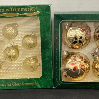 Bradford & Krebs VTG Glass Ornaments - 2 Sets, Frosted Gold Small Bulbs, Large Gold & Red Bulbs