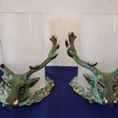 2 Hena Stag Head Hurricane Style Candle Holders - Metal Stags, Glass Hurricane Cylinder, Green With