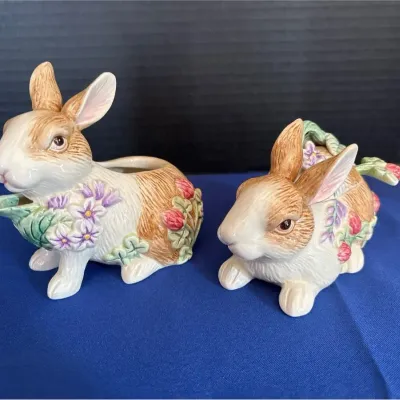 Vintage Fitz and Floyd Essentials Toulouse Rabbit Creamer & Lidded Sugar Bowl Set - Spring