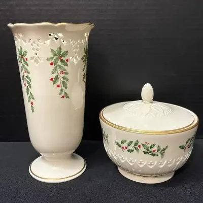 Lenox Holiday Porcelain - 8.5” Pierced Footed Vase & Lidded Candy Bowl, 24K Gold Trim, USA