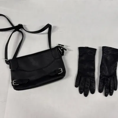Womens Black Leather Purse & Gloves - Size 7 Genuine Leather Gloves