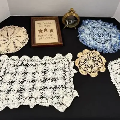 Room Decor - We can’t All Be Stars Stitched In Frame, Dolies, Brass Container With Glass Insert Tree