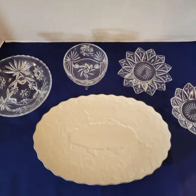 Lenox Maple Leaf Platter & 4 Crystal Dishes - Cream Color Platter W/ Gold Trim, Vtg Anchor Hocking