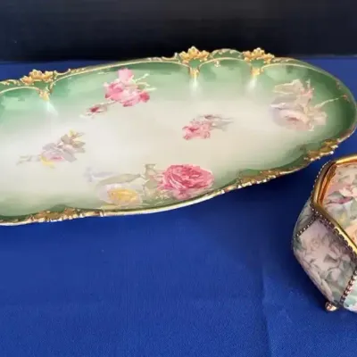 Floral Porcelain - Roger Williams Sparrow Music Box + GDA Limoges Platter Tray