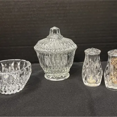 Clear Patterned Tableware - Small Crystal Bowl, Pressed Glass Lidded Jar, Salt & Pepper Shakers