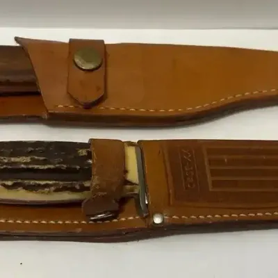 2 Vintage Knives With Sheaths - Case XX Stag Fixed Blade Hunting + Damascus Steel Skinner
