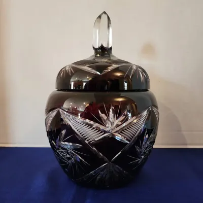 Vintage Bohemian Deep Red Leaded Crystal Lidded Candy Dish, Cut Glass