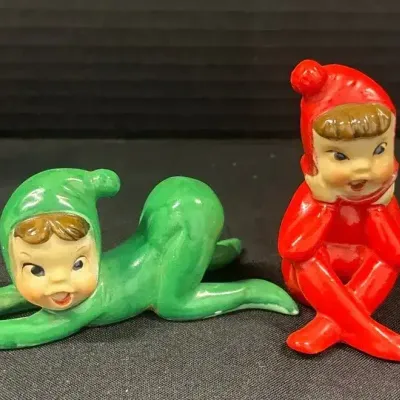 Vintage Japanese 1950s Pixie Ceramic Figurines - Hand Painted Faces