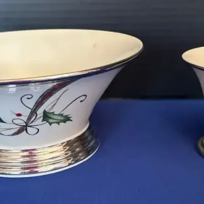 Lenox Holiday Nouveau Platinum - Pedestal Bowl + Votive Holder / Bud Vase, Candle, Holly, Christmas