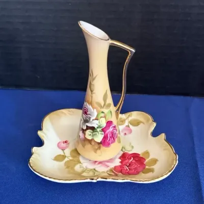 Vintage Japanese Porcelain - Lefton Rose Ewer Vase & Norcrest Scalloped Floral Tray