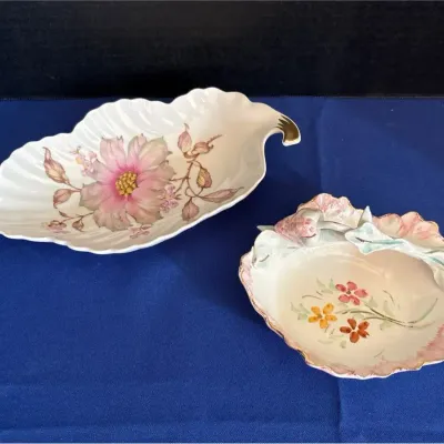 2 Vintage European Porcelain Leaf Dishes - Old Nuremberg Bavaria & Italy