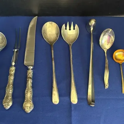 Sterling & Silverplate Utensils - Ice Cream Scoop, Birks Carving Set, 24K GP Spoon, EPNS Fork