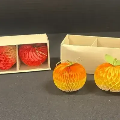 Vintage Paper Honeycomb Fruit Ornaments - Peaches, Apples 