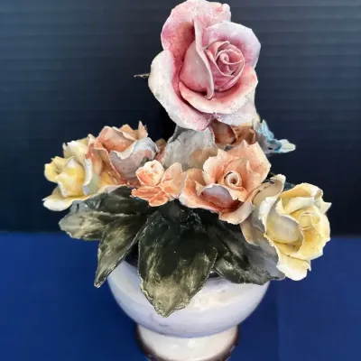 Vintage Capodimonte Floral Centerpiece - Italy, Porcelain, Rose Bouquet, Footed Bowl