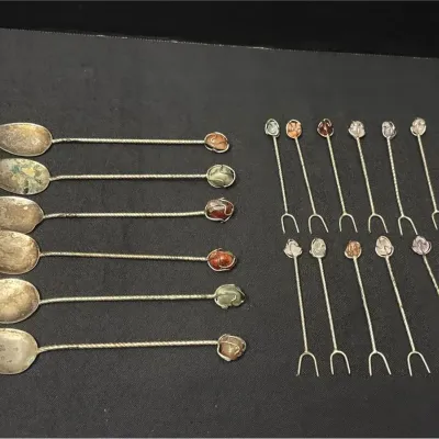 Vintage Silver Plated Cocktail Set - 6 Spoons & 11 Forks, Tumbled Gemstone Finials