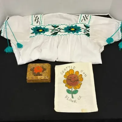 Floral Themed Items - Mexican Cross-Stitch Blouse, Trinket Box, Seattle Sun Flour Co