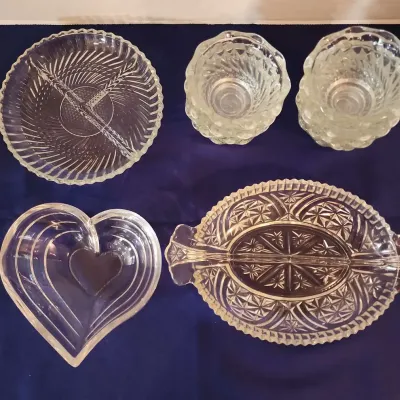 Vtg Crystal Dishes - 9 Dessert Bowls, 2 Divided Bowls, Heart Shapes Bowl