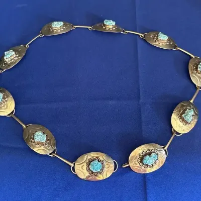 Vintage Mexican Alpaca Silver Turquoise Oval Concho Link Belt - Southwestern