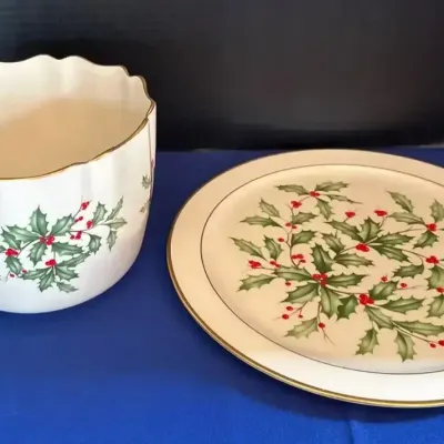 Lenox Holiday Fine Ivory China - Ruffled Flower Pot Planter & Round Serving Platter