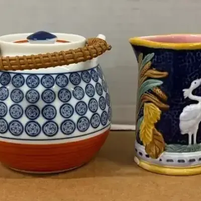 Japanese Style Tea Pot And Pitcher - Blue Polka Dots, Bird Crane