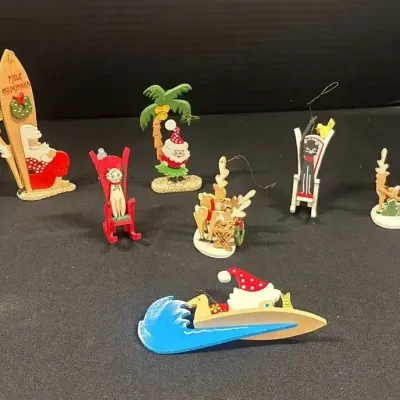 Vintage Wooden Christmas Ornaments - Hawaii, Cats, Surfboards, Beach