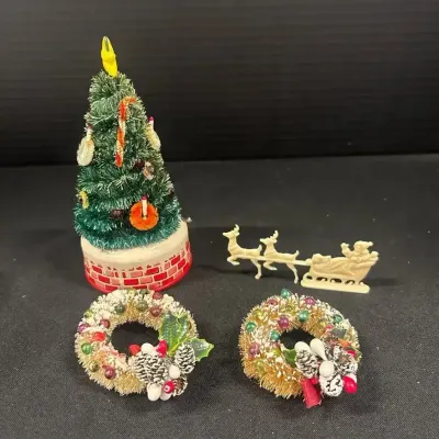 Vintage Christmas Decor - Plastic Cereal Box Santa Sleigh, Japanese Made Mini Tree, Mini Wreaths