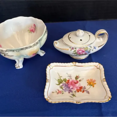 VTG European Porcelain - Royal Crown Derby Dish, Aladdin Lamp Tea Infuser, CT Altwasser Footed Bowl