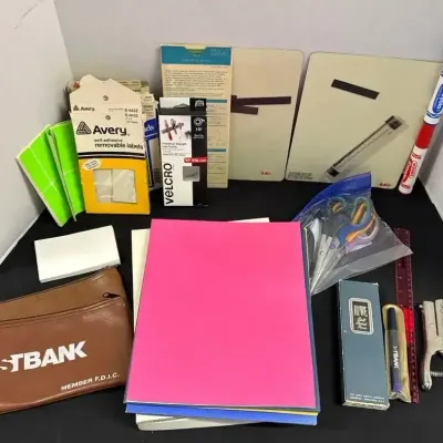 Office Supplies - Vintage, Magnetic Boards, Sears Roebuck Carbon, 1st Bank, Scissors, Avery Labels