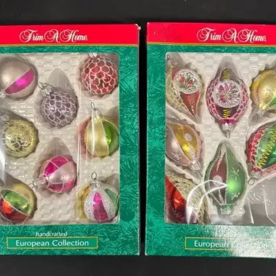 Kmart VTG Ornaments - 2 Sets, European Collection, Trim A Home, Romania, Glitter, Glass, Teardrop